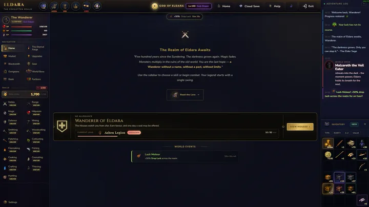 The home screen: The Realm of Eldara Awaits, your House allegiance and world events