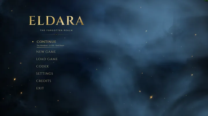 The main menu: Continue, New Game, Load Game, Codex, Settings, Credits and Exit