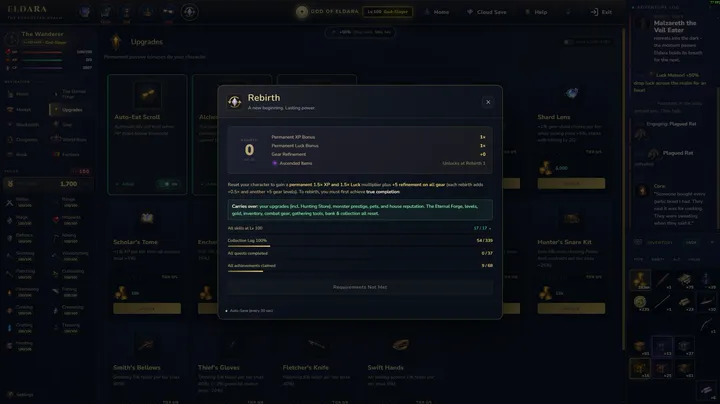 The Rebirth window: permanent XP and Luck bonuses, and the requirements to be reborn